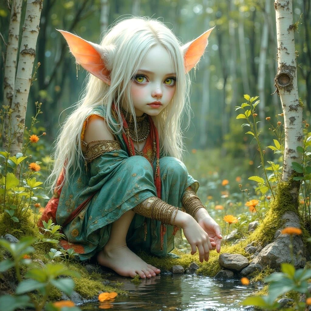 Gentle Creature by Stream in Whimsical Style