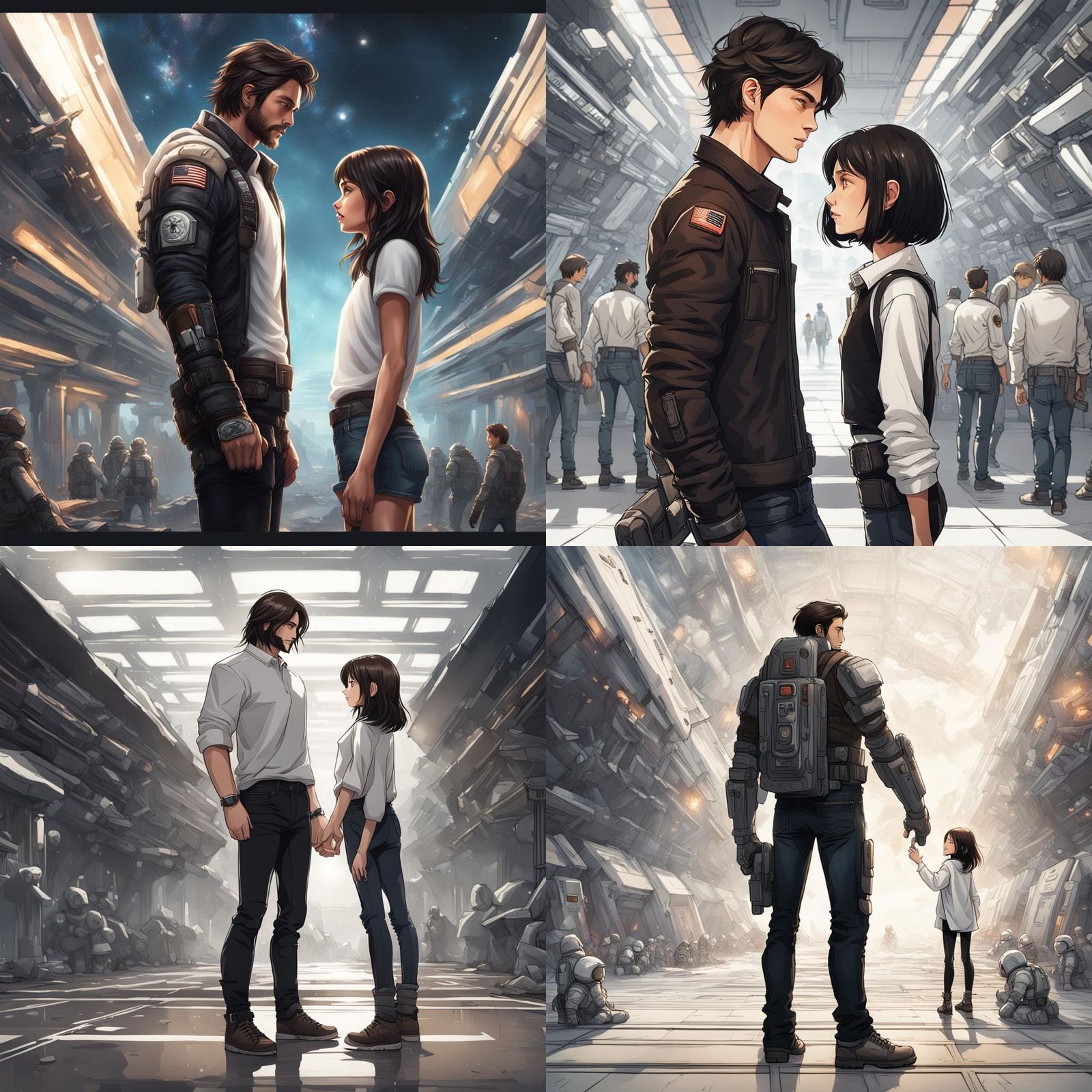 Space Warrior Girl Gazing at Tall Man