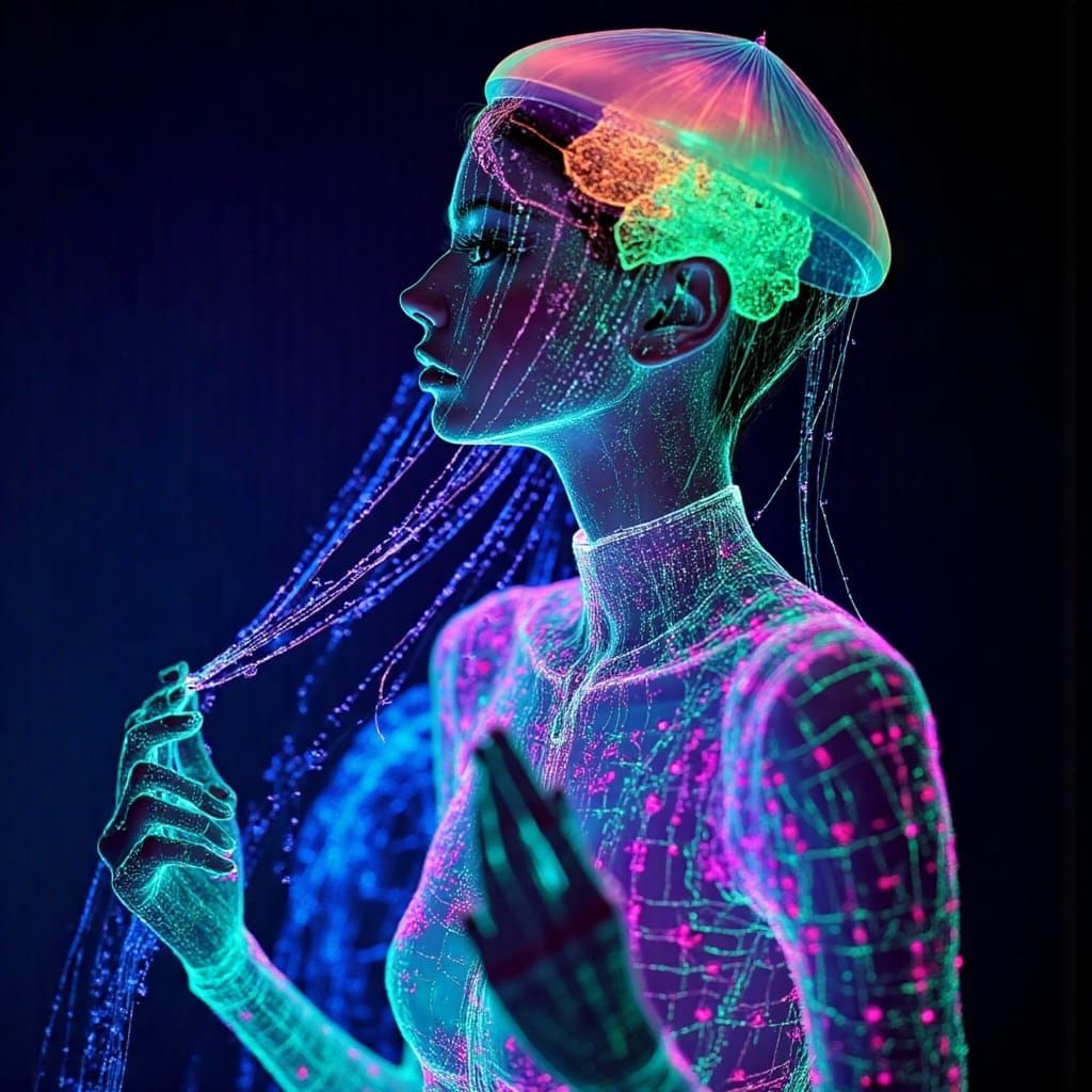 Glowing Geometric Ghost Jellyfish Woman in Autochrome Style