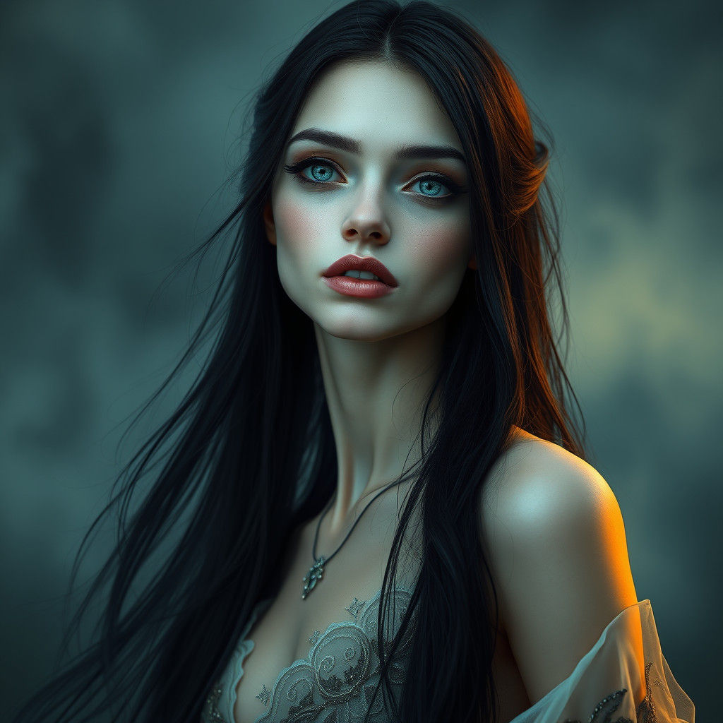 Ethereal Woman with Long Neck in Dreamlike Setting