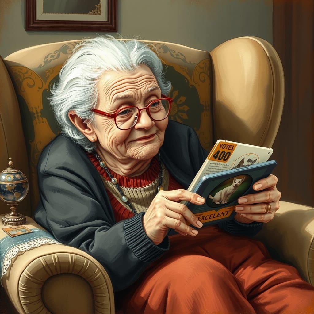 Elderly Woman Voting on Art with Tablet