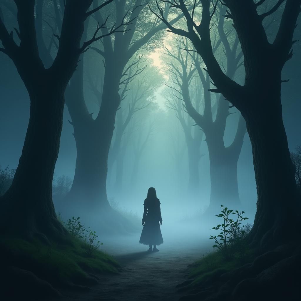 Eerie Forest Scene in Anime Key Visual Style