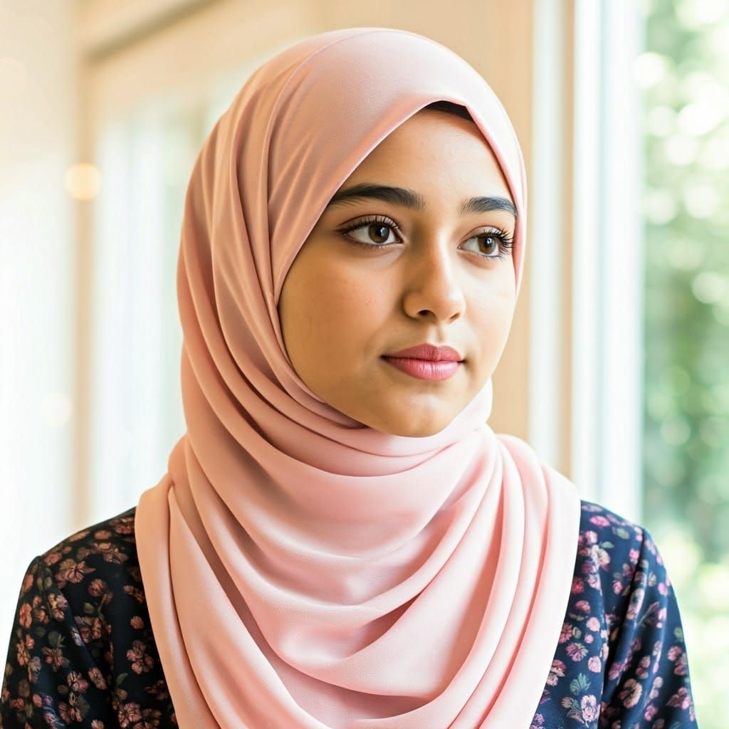 Elegant Girl in Pink Hijab: Cinematic Film Still