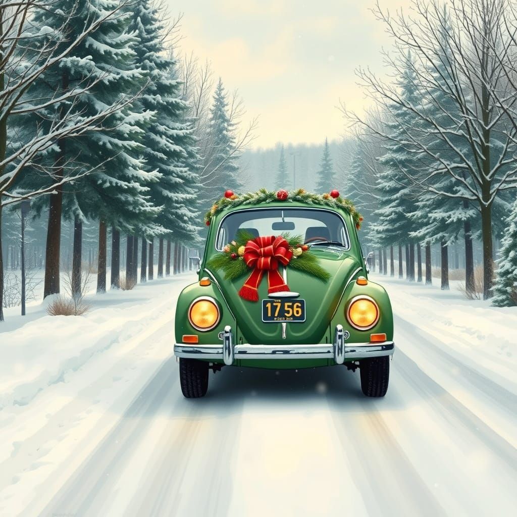 Festive Beetle Drives Through Winter Wonderland