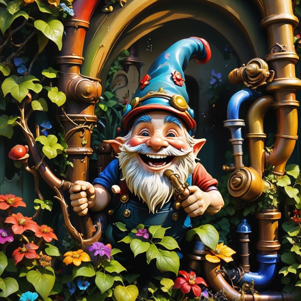 Laughing Gnome Plumber in Ornate Garden