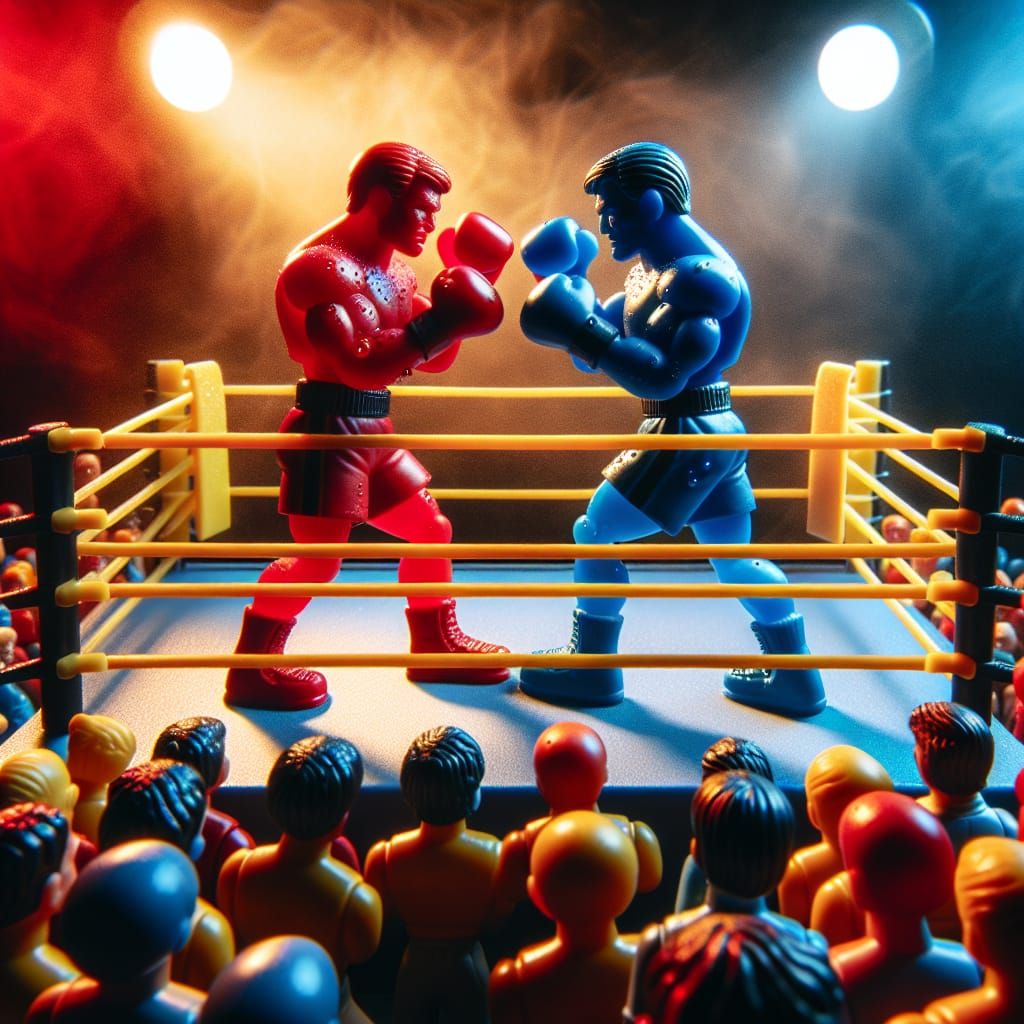 Red vs Blue Plastic Boxing Toys in Dramatic Ring
