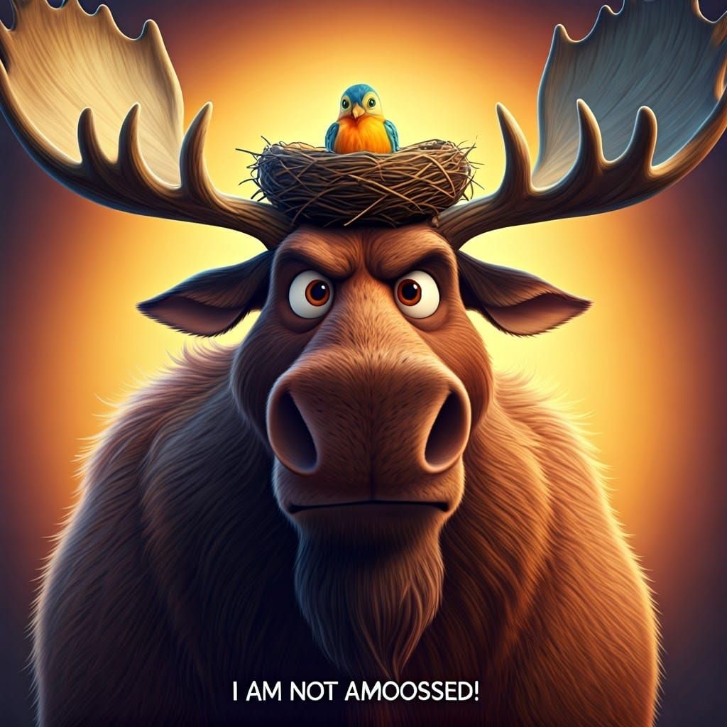 Angry Moose with Bird Nest: 3D Digital Art