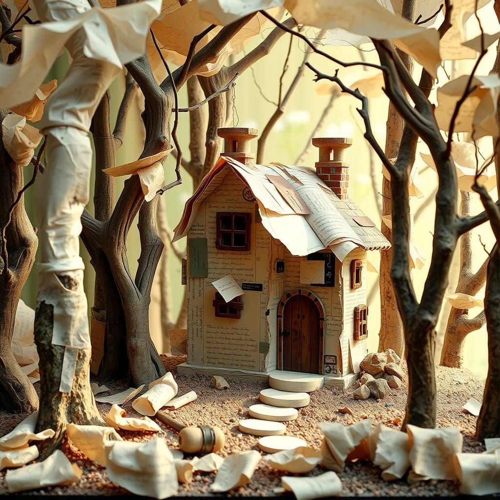 Quaint Collage Cottage in Tissue Paper Forest