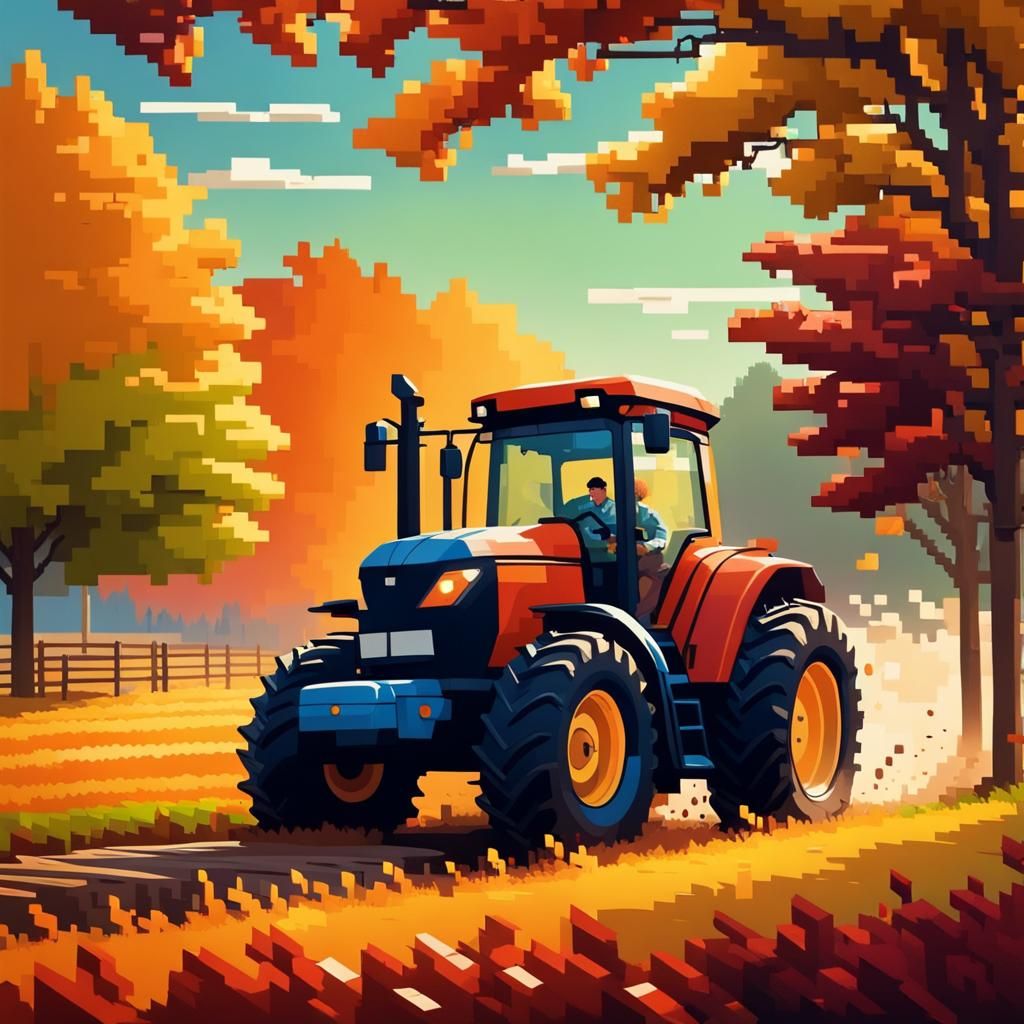 Farmer on Tractor in Autumn Field, 8-bit Art
