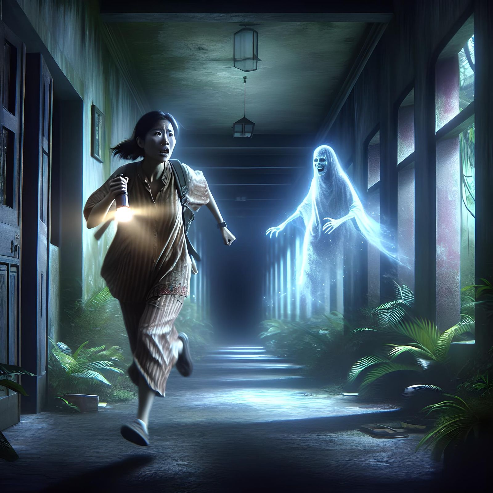 Terrified Woman in Jungle Asylum Corridor