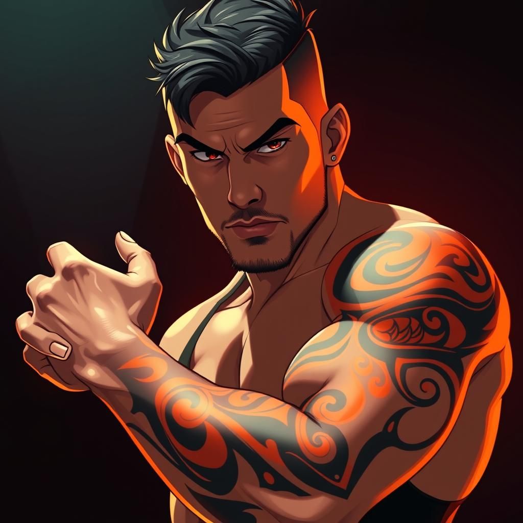 A 30 year old guy with an orange tribal right arm tattoo and an orange tribal torso tattoo