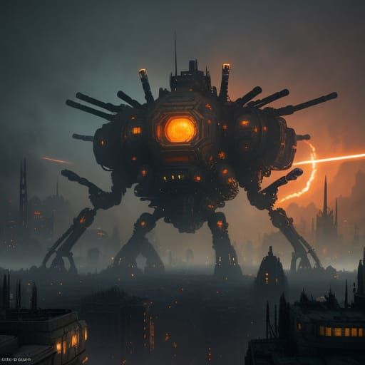 Giant Mechanical Spider in Post-Apocalyptic Cityscape