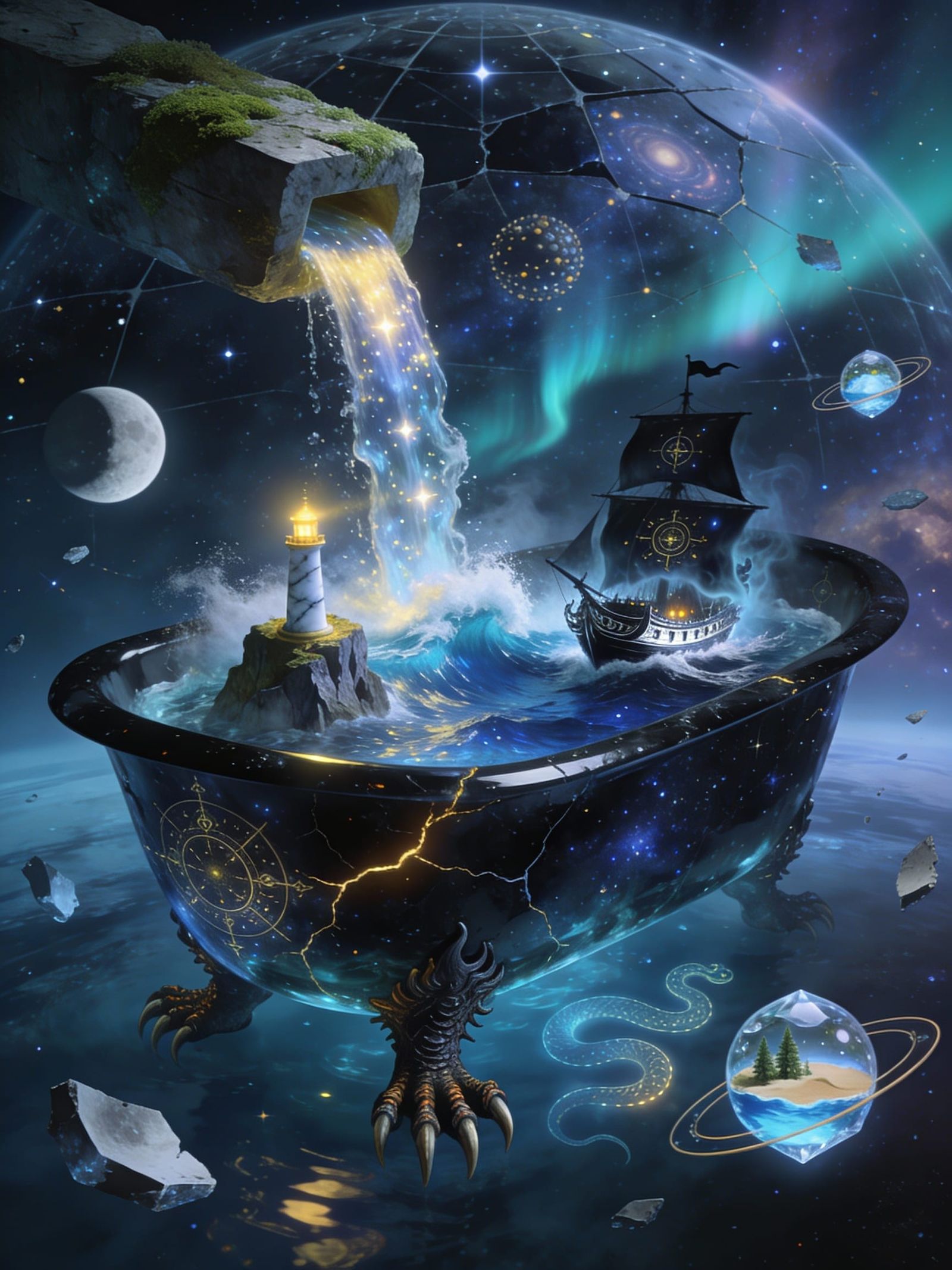 Cosmic Bathtub with Starlight Waterfall