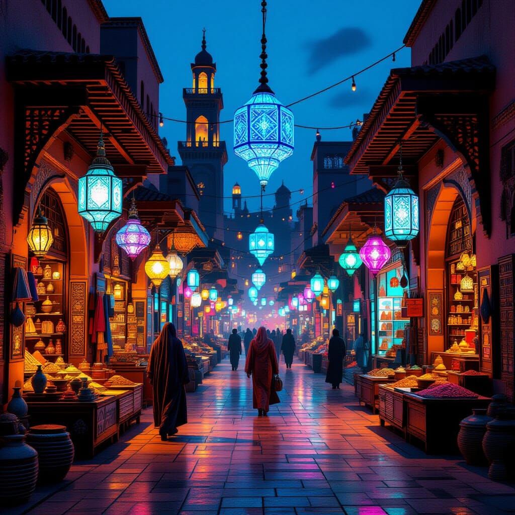 Futuristic Moroccan Marketplace with Holographic Displays