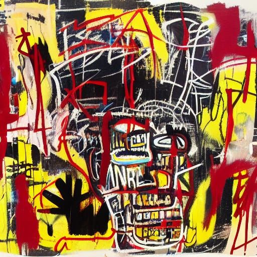 Chaotic Neo-Expressionist Artwork with Skulls and Guns