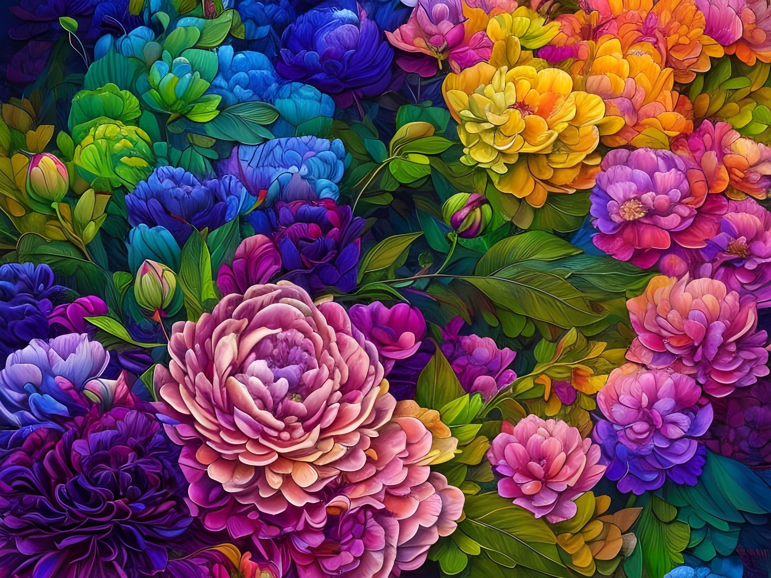 Rainbow Peonies in Flowing Liquid, Stained Glass Style