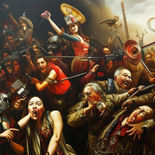 "Sinful Symphonies" dark intricately detailed painting, Splash art dark folklore gothic art post-apocalyptic