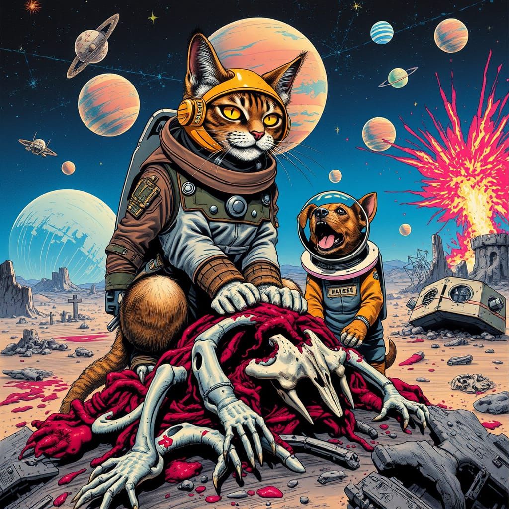 Cosmic Menace: Retro-Futuristic Cat in Space