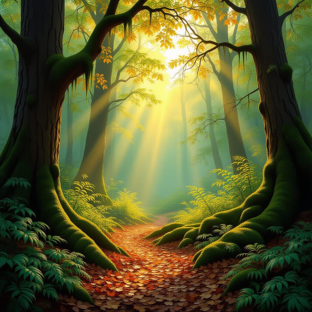 Enchanting Forest Path in Golden Morning Light
