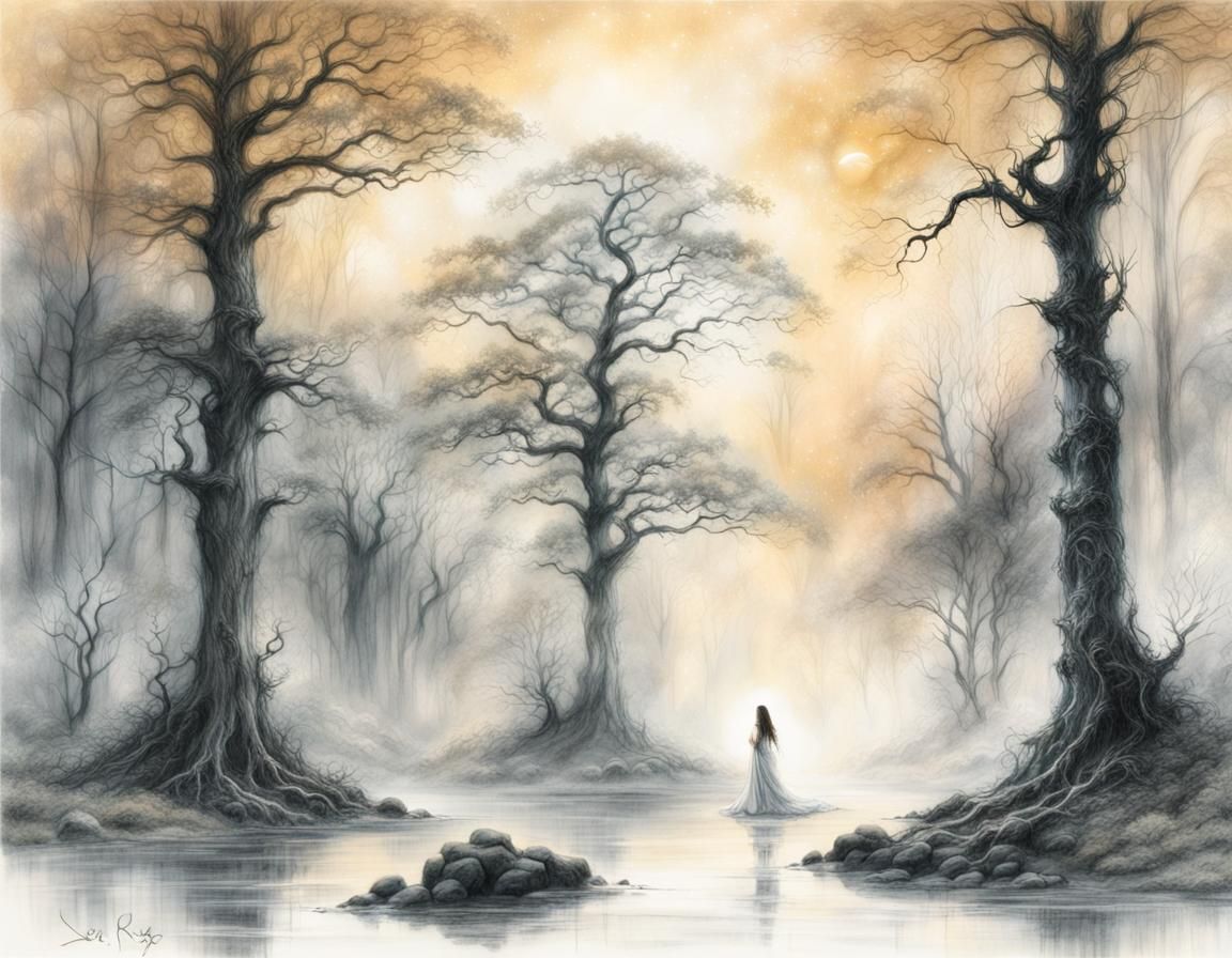 Ethereal Fantasy Figure in Mystical Forest Sketch
