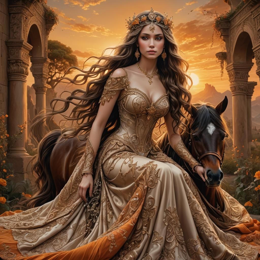 Fairy Goddess on Horse at Sunset
