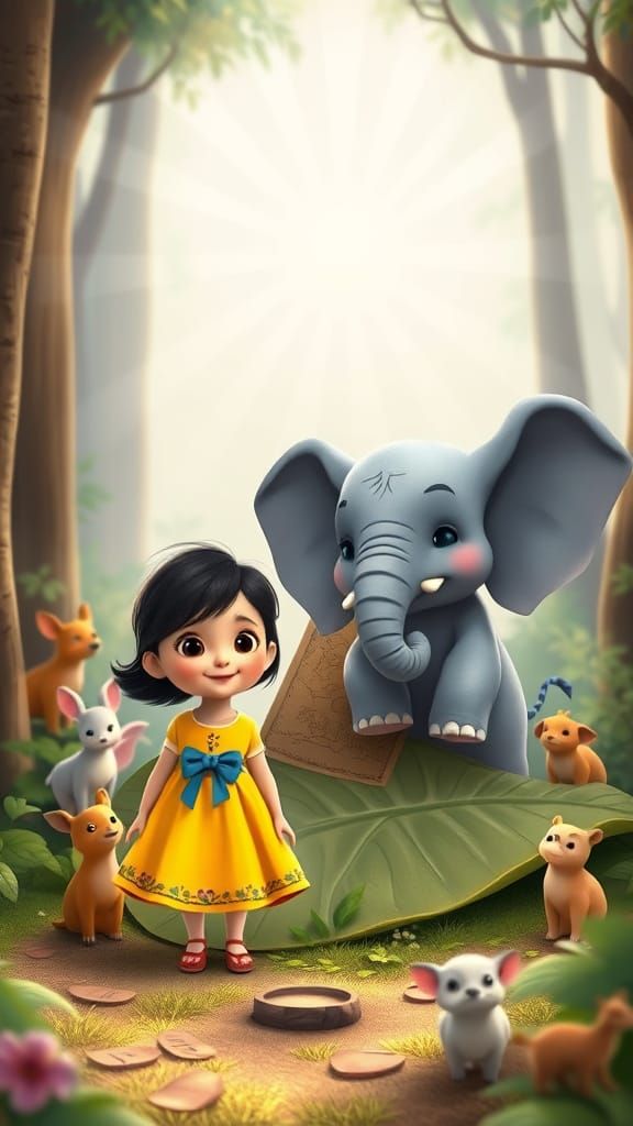 Girl and Elephant Draw Treasure Map in Magical Forest
