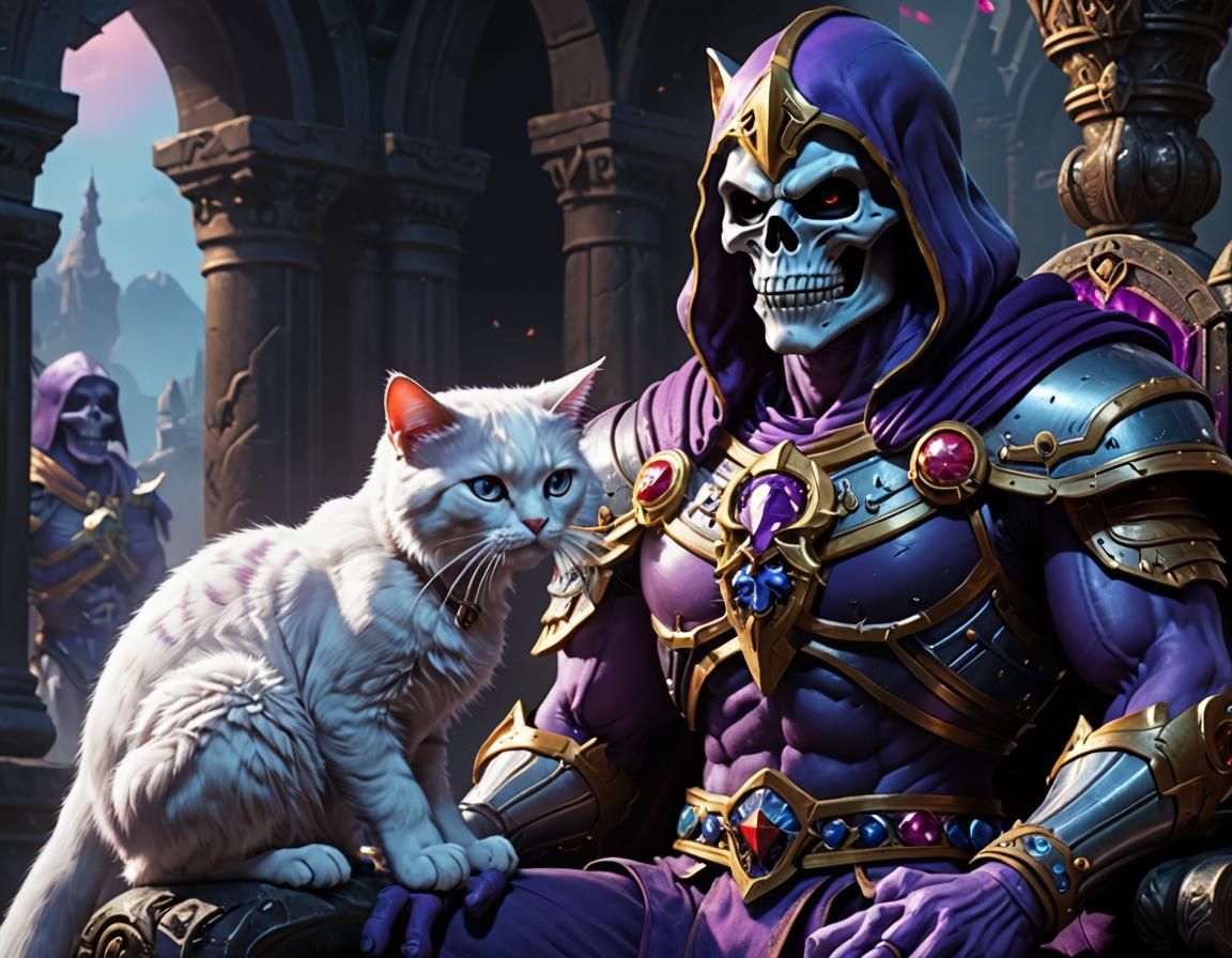 Skeletor and his pet cat Fluffator, Masters of the Universe,...