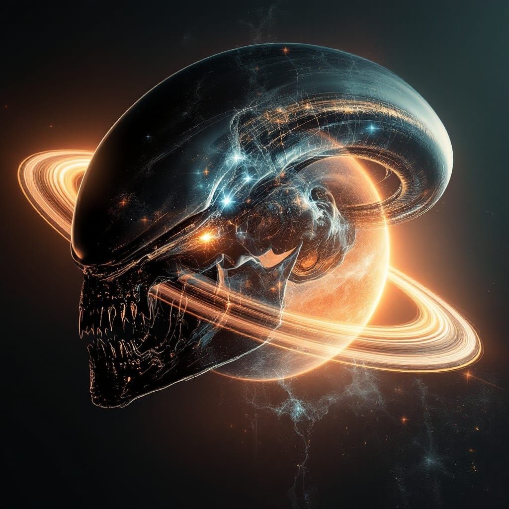 Alien Skull Transcends Celestial Body in Cosmic Double Expos...