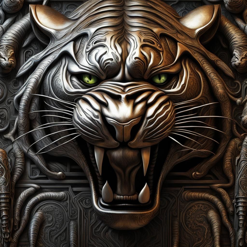 Metallic Brocade Tiger in Biomechanical Style