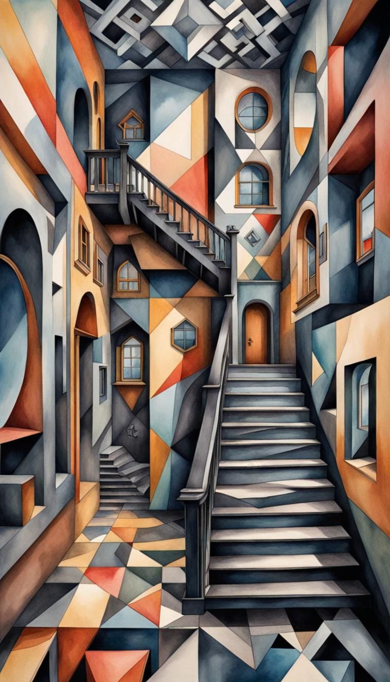 Escher-Inspired 3D Geometric Art in Watercolor Style