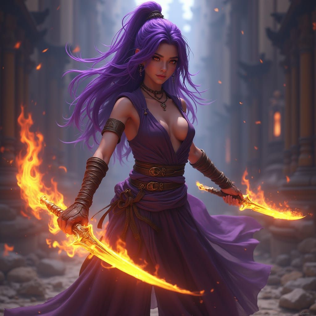 Fire Genasi Monk with Daggers in Dark Fantasy Style