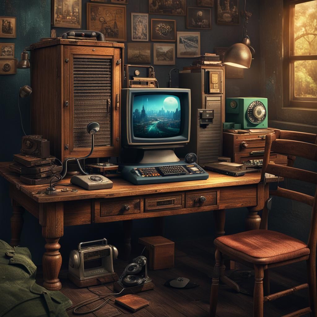 Vintage Computer on Wooden Table, Detailed Matte Painting