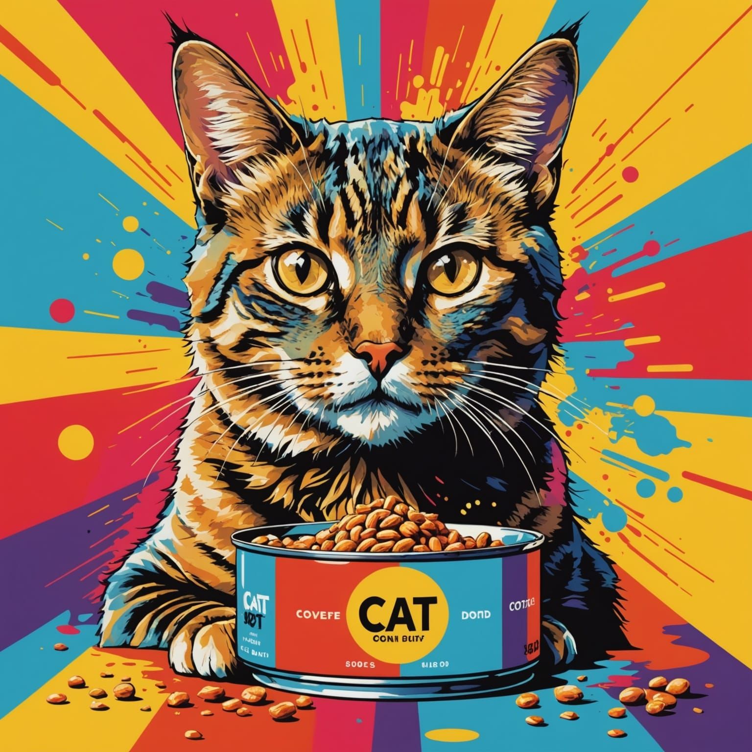 Vibrant Cat Food Pop Art Poster in Triadic Colors