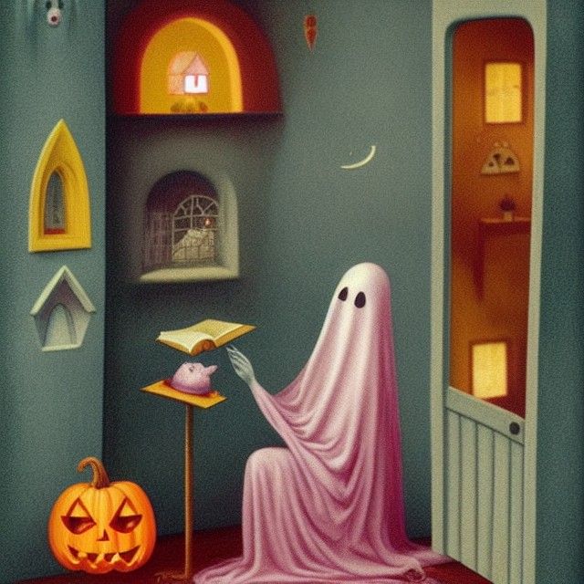 Ghost Reading in Halloween Nook: Vintage Pastel Art