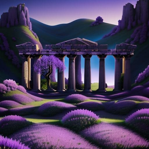 Surreal Purple Landscape with Greek Ruins