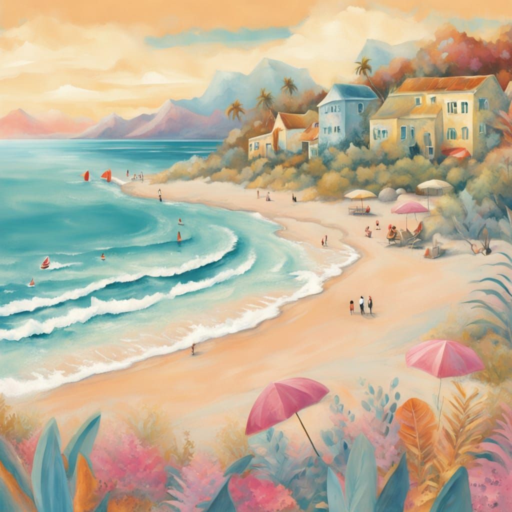 Vibrant Beach Scene in Pastel Colors with a Touch of Whimsy
