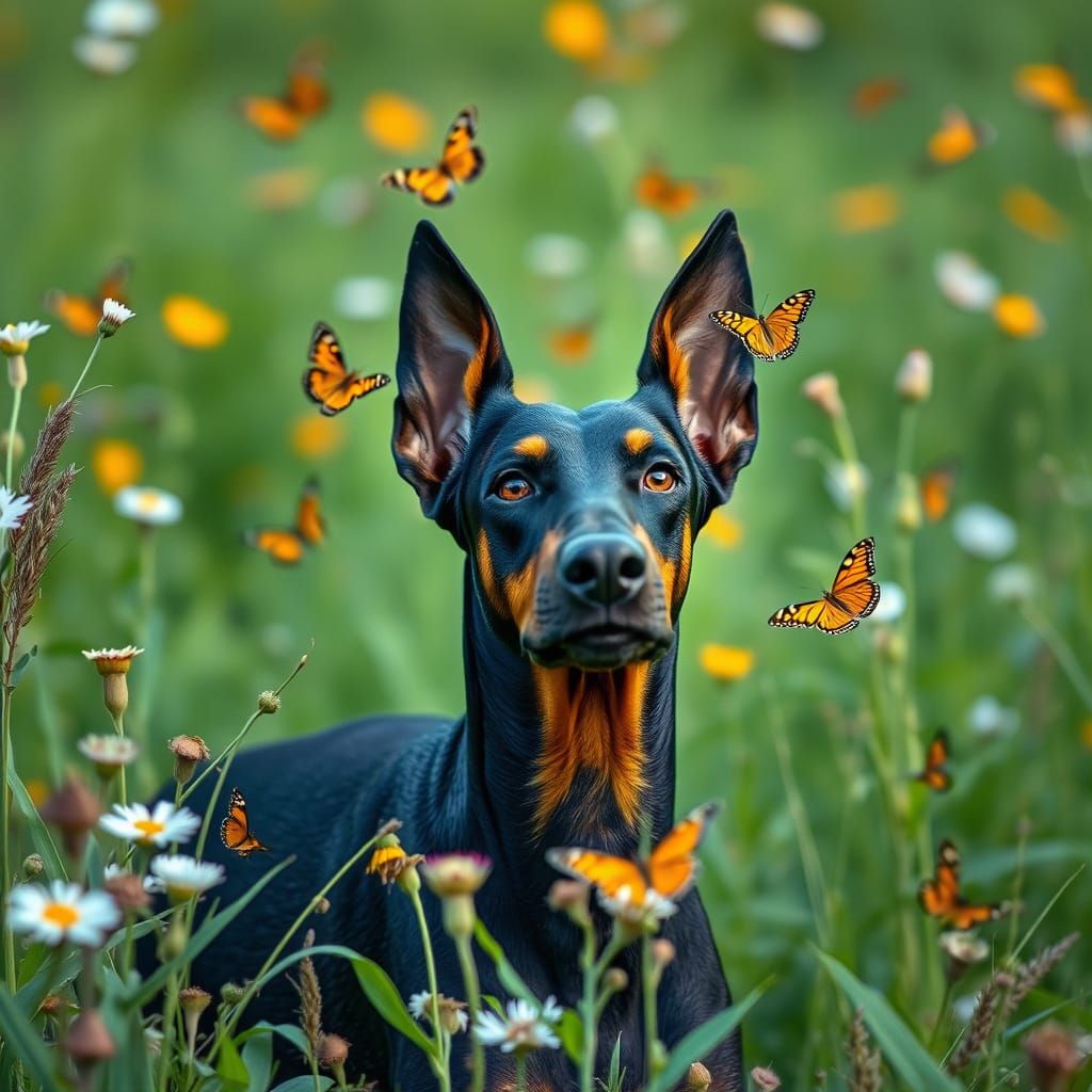 Doberman Amidst Whirling Butterflies in a Vibrant Landscape