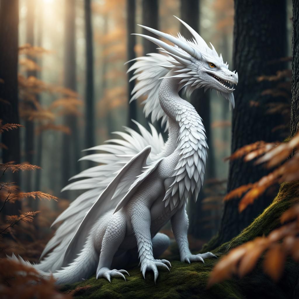Feathered Dragon in Forest, Surreal Lighting