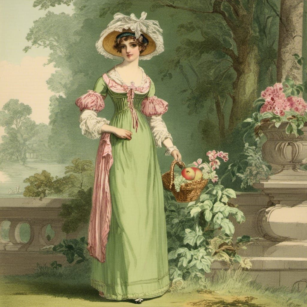 Girl in Regency Dress Picking Flowers