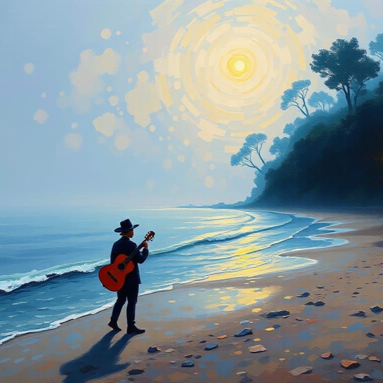 Vibrant Busker Performs on a Foggy Beach in Radiant Metallic...