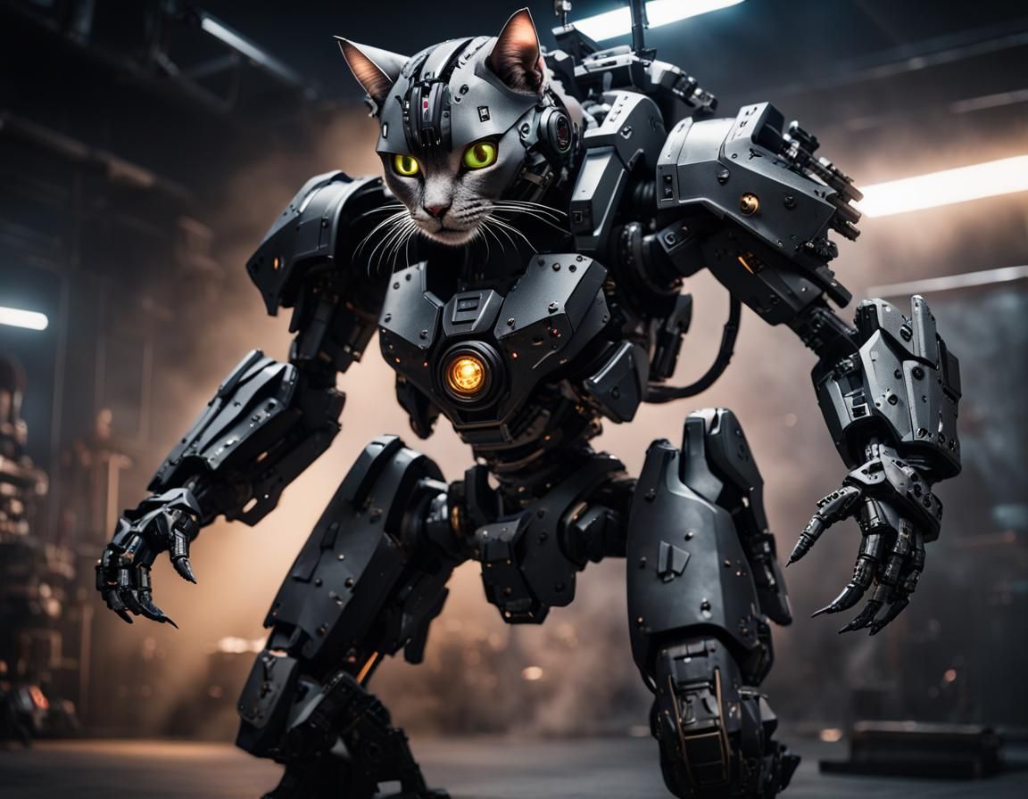Cybernetically Enhanced Mech Cat in Carbon Fiber Armor