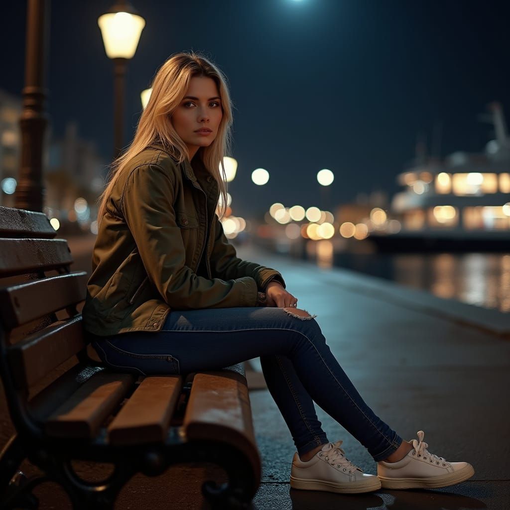 Woman on Park Bench in Harbor at Midnight