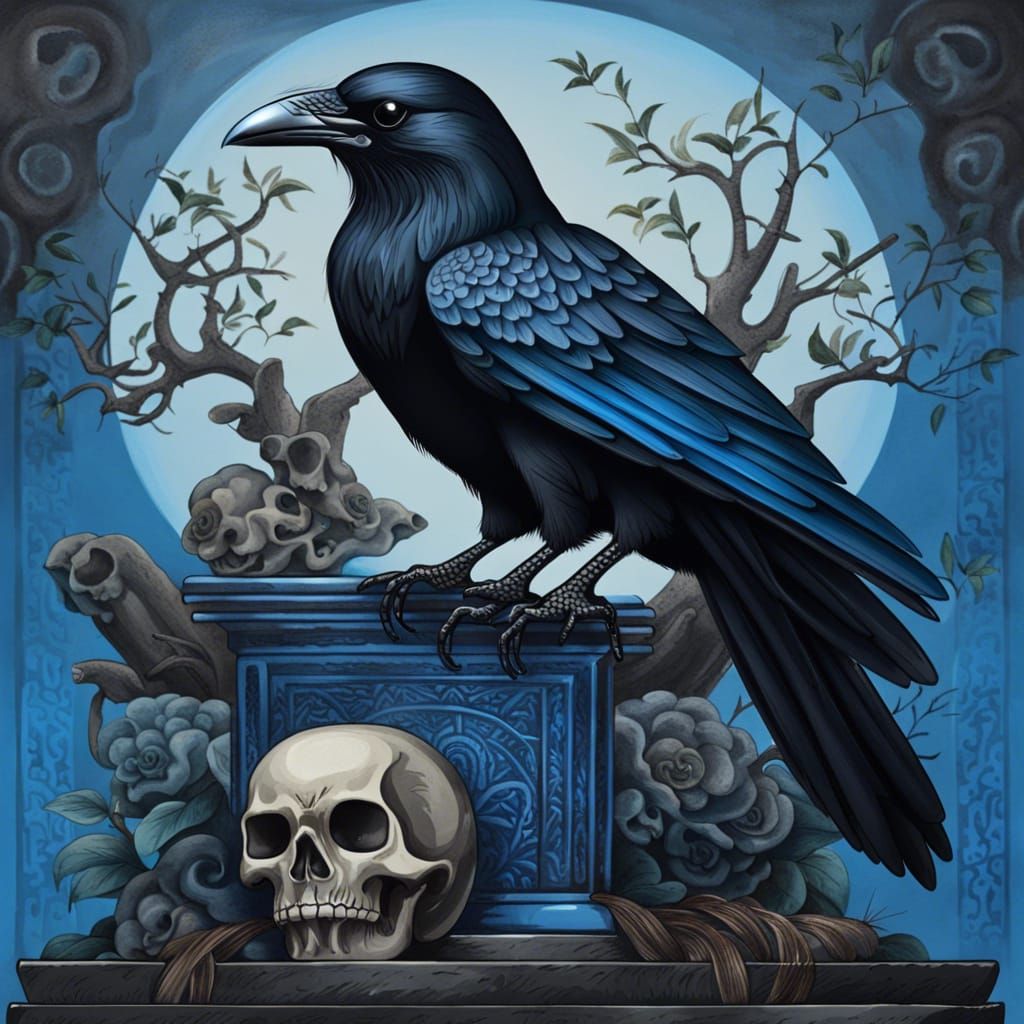 Detailed Asian Painting of Crow on Skull