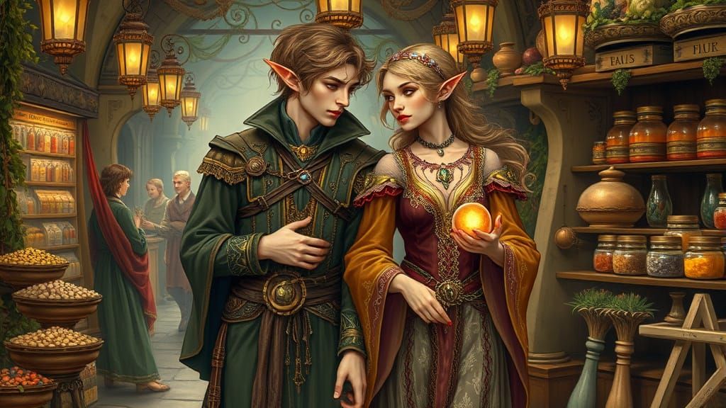 Androgynous Elf Twins in Medieval Marketplace, Art Nouveau