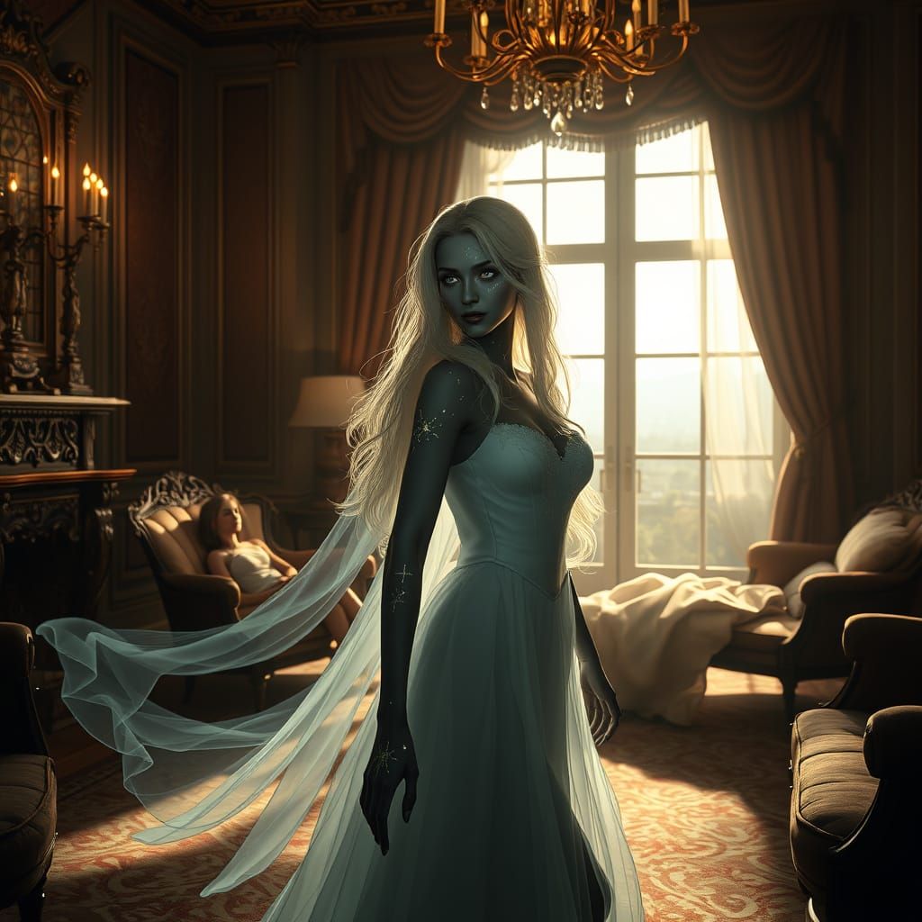 Ethereal Blonde in Luxurious, Dimly-Lit Chamber