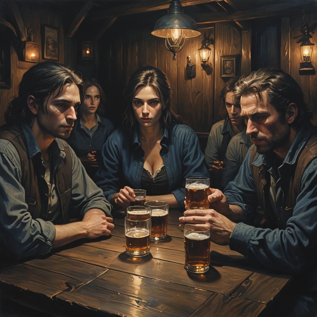 Eerie Tavern Scene in Dark Fantasy Illustration