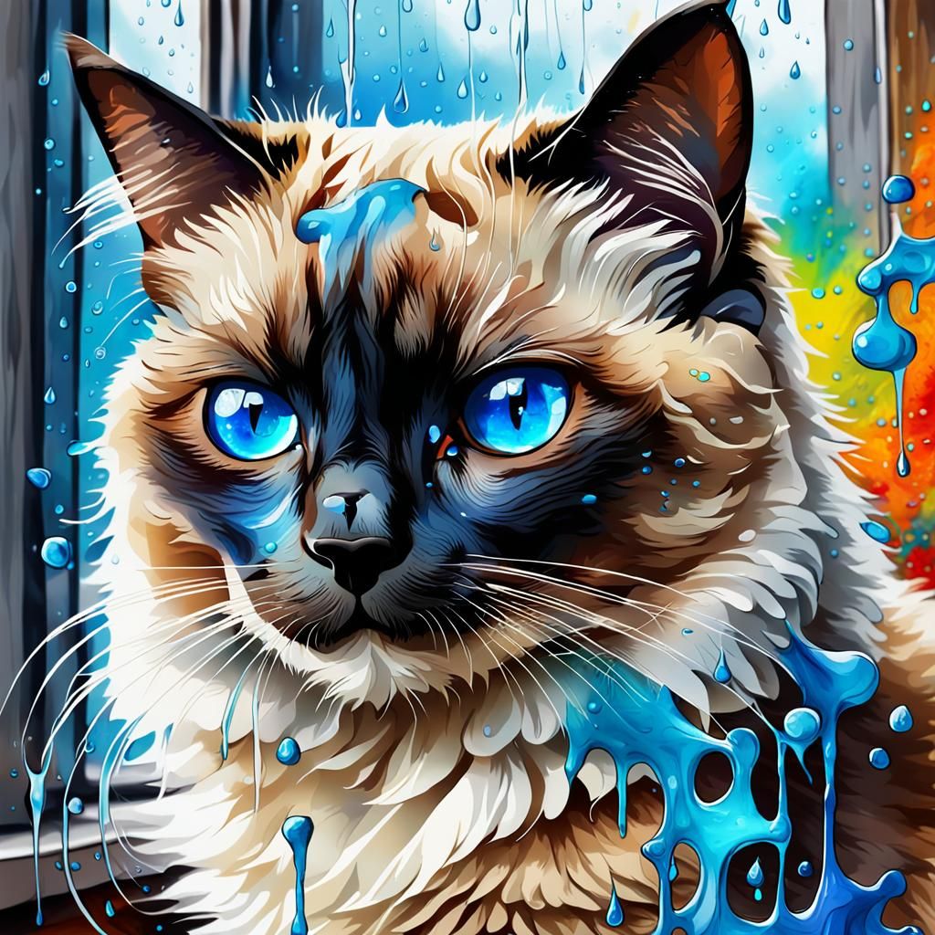 Waking up, yawning, and sagging stretching after sleep, a beautiful Siamese fluffy cat,with blue eyes, close-up with an ...