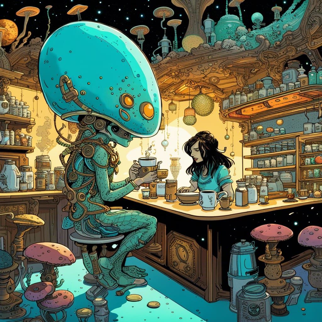 Vibrant Space Coffeeshop With Alien Barista