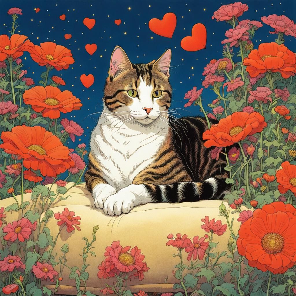 Cute Cat Surrounded by Flowers in Moebius Style