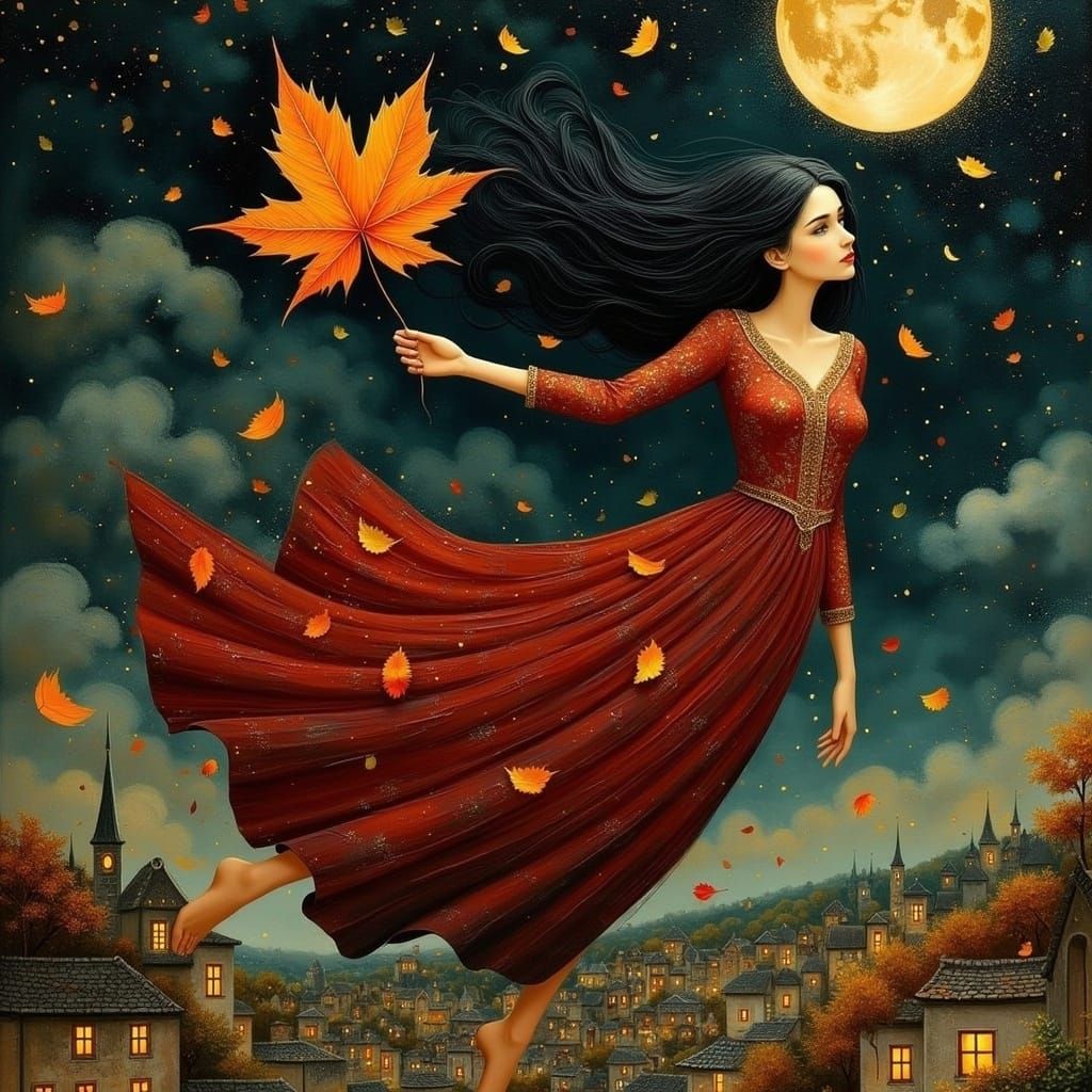 Ethereal Beauty in Burgundy Velvet, Floating Amidst Autumn's...